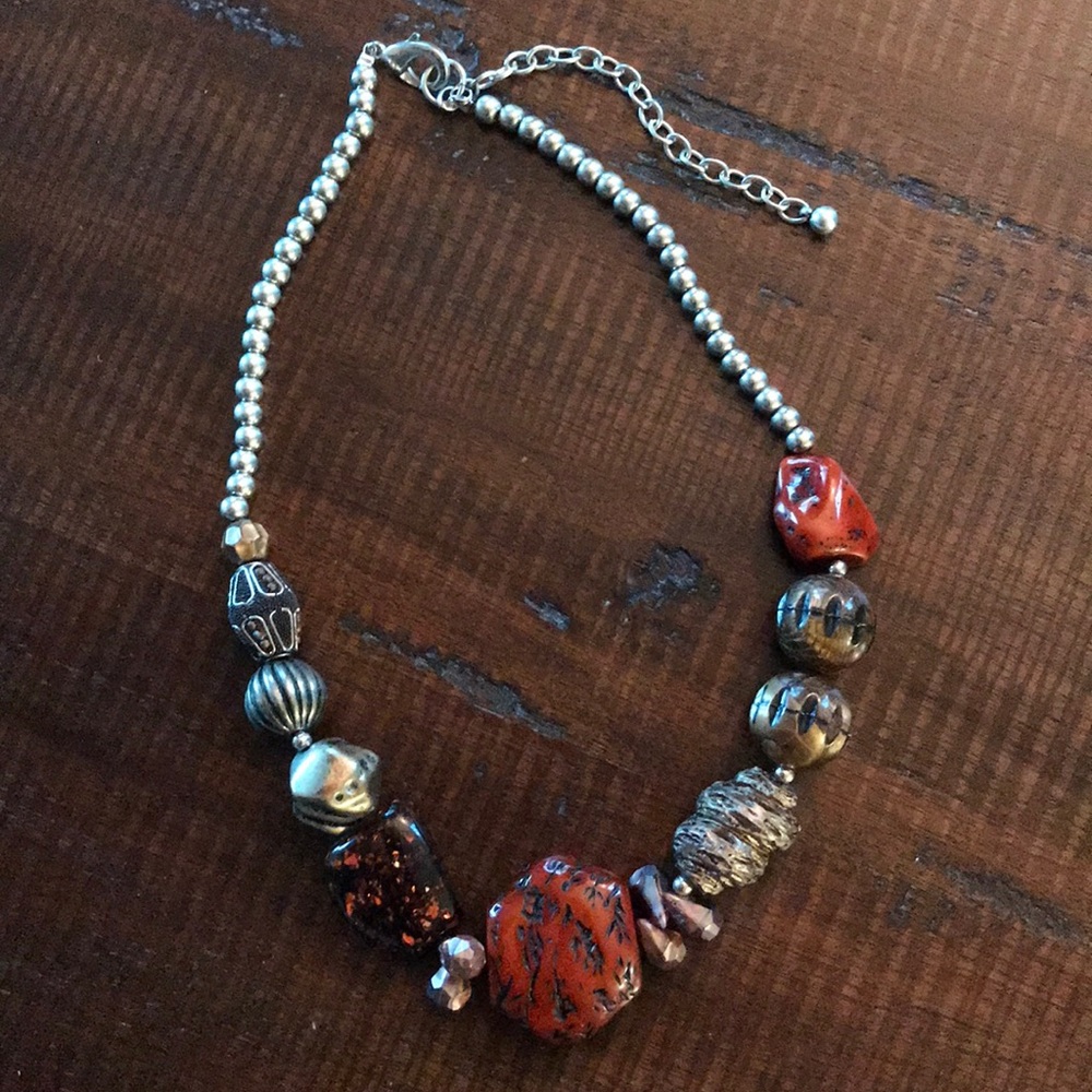 Faux Stone and Silvertone Bead Necklace